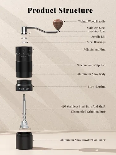 Miniatura 2 de Molinillo de café manual con ajuste externo de 16 μm, Molinillo de precisión para café expreso y vertido, Fresa cónica de acero inoxidable CNC
