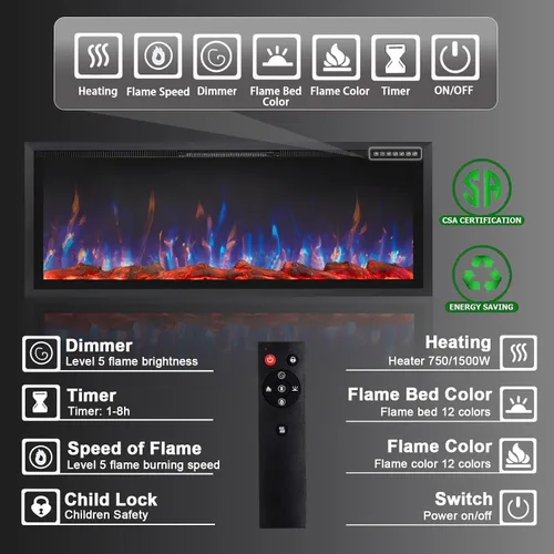 Miniatura 5 de PRETZI Chimenea eléctrica de 60 pulgadas, marco de aluminio ultra estrecho y pantalla ancha, insertos de chimenea eléctrica/montado en la pared