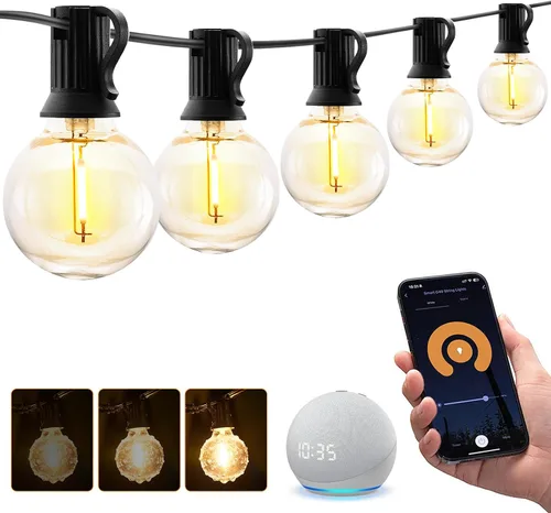 XMCOSY+ Guirnalda de luces inteligentes para exteriores, luces de patio G40 de 75 pies con 34 bombillas LED regulables, control WiFi y aplicación,