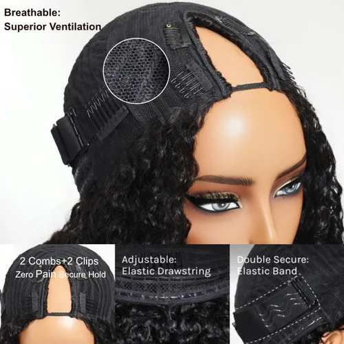 Miniatura 5 de UNICE - Peluca de cabello humano lacio tipo afro con parte en V, sin pegamento, con parte en U mejorada, con pinzas de máquina, sin mechones fuera