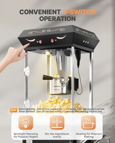Miniatura 5 de Máquina de palomitas de maíz de 8 onzas con carro, máquina para hacer maíz con ruedas y hervidor de acero inoxidable que hace hasta 32 tazas, Negro