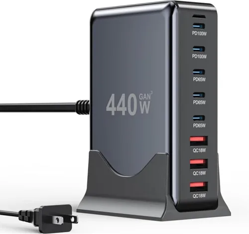 Bloque de cargador USB C de 440 W, estación de carga USB C de 8 puertos GaN IV, estación de carga de múltiples puertos esenciales de viaje, Negro