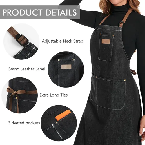 Miniatura 3 de ROTANET Delantal de trabajo de mezclilla con 3 bolsillos, delantales para chef, estilista, cocina, carpintería, para hombres y mujeres, azul y negro