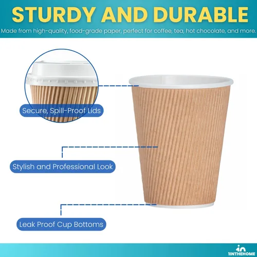 Miniatura 4 de Tazas de café desechables con tapas, tazas de papel de 10 onzas, pared ondulada aislada, paquete de 50