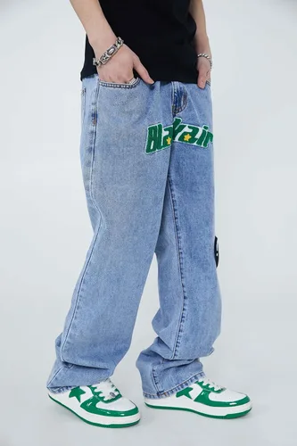 Miniatura 2 de Aelfric Eden Pantalones de mezclilla para hombre con estampado gráfico Y2K Streetwear de moda, holgados, rectos, pierna ancha, pantalones casuales