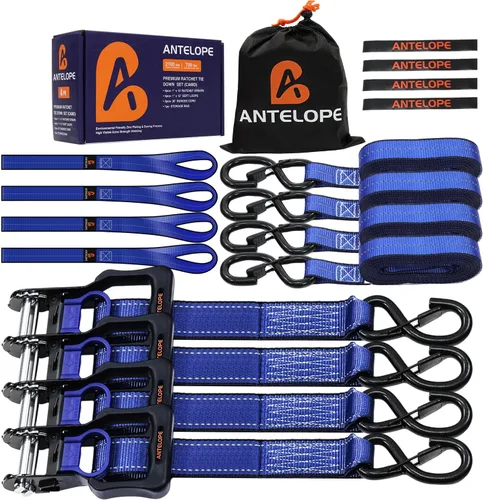 Miniatura 12 de Juego de correas de amarre de trinquete, resistencia a la rotura de 2100 libras, paquete de 4 correas de trinquete resistentes de 1 pulgada x 15
