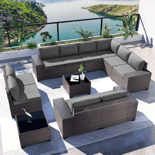 Miniatura 83 de Kullavik Juego de 13 muebles de patio al aire libre con mesa de fogata de gas propano de 43 pulgadas, 55000 BTU, mimbre de polietileno, sofá Arena