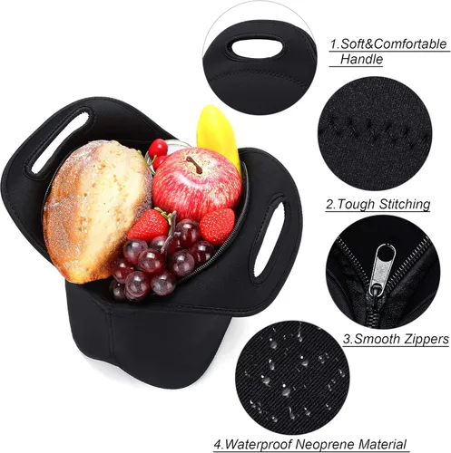 Miniatura 3 de Bolsa de almuerzo de neopreno para mujer, bolsa de almuerzo aislada, lavable, contenedor de almuerzo para el trabajo, picnic, bolsas ligeras de Negro
