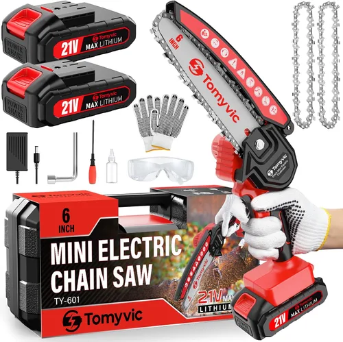 Miniatura 7 de Mini motosierra de 6 pulgadas alimentada por batería - Rosa motosierra eléctrica inalámbrica de mano con 2 baterías recargables - Motosierras