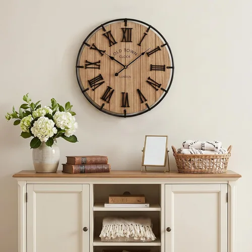 Miniatura 13 de EMAX HOME Reloj de pared grande de granja de 20 pulgadas, cara de grano de madera envejecida negra rústica con números romanos blancos, movimiento