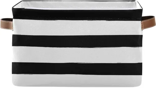 Bolaz Cesta de almacenamiento plegable grande, color negro y blanco, a rayas, bolsa organizadora plegable con asas, 15 x 11 x 9.5 pulgadas