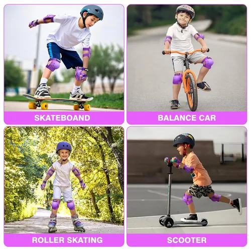 Miniatura 6 de rodilleras para niños/adolescentes, coderas, protectores de muñeca, juego de protección 3 en 1, para niños de 3 a 15 años, patines, ciclismo, Púrpura