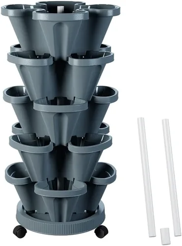 Miniatura 31 de Macetas verticales de fresa, paquete de 2 unidades, torre apilable de 5 niveles con poste de soporte, macetas apilables para hierbas y verduras