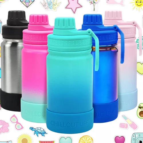 Miniatura 25 de CHILLOUT LIFE Botella de agua aislada para niños de 12 onzas para la escuela con tapa de boquilla a prueba de fugas y bonitas calcomanías Azul