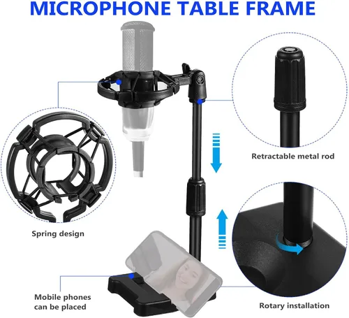 Miniatura 3 de Adjustable Desk Microphone Stand with Base Table Mic Rack for Office Meetings Recording with Shock Mount Holder and Spring Mic Clip Stable Plastic