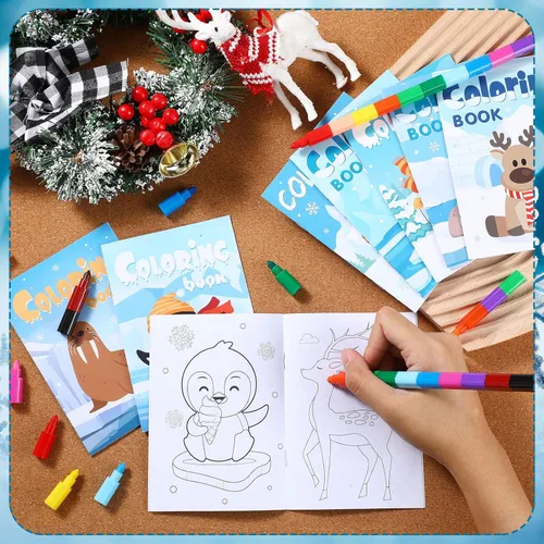Miniatura 4 de Funrous 24 piezas de libros para colorear de invierno y Navidad a granel con 20 crayones apilables, páginas para dibujar de osos polares, muñecos