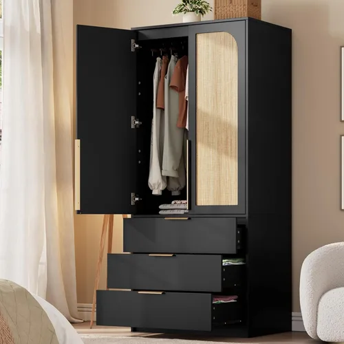 GarveeHome Armario Armario, armario de madera de 69.5 pulgadas con 3 cajones, barra para colgar, armario de almacenamiento de ropa de 2 puertas para