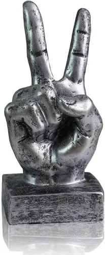 Lependor Estatuas de escritorio de gestos de mano de poliresina plateada, decoración de escultura de dedo, dedos de plata de la victoria Dedos de