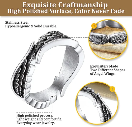 Miniatura 5 de Bestyle Anillos antiguos de ala de ángel para mujeres y hombres, anillos de banda de plumas de guardián, anillos de promesa de pareja