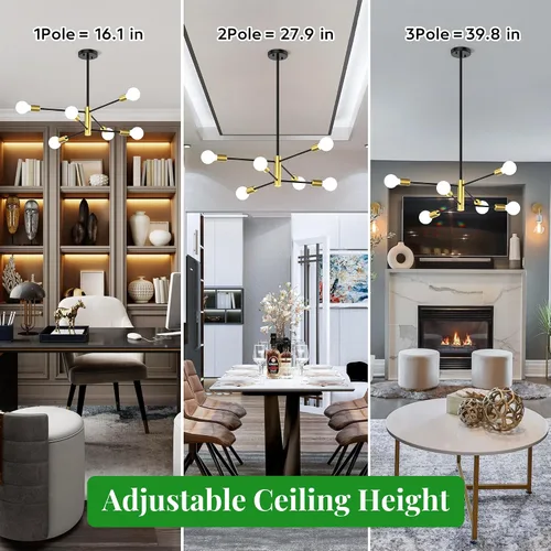 Miniatura 5 de Candelabros Sputnik Modernos para Comedor, Altura Ajustable Semi Empotrado Negro y Dorado Candelabro Lámpara de Techo Montaje 6 Luces Mediados