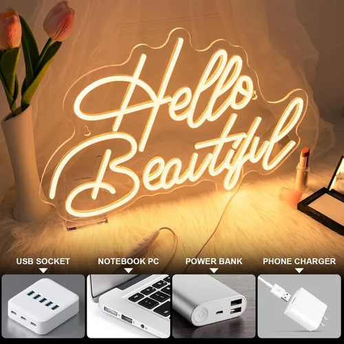 Miniatura 5 de LooKLight Letrero de neón con texto en inglés «Hello Beautiul», color blanco cálido, letras de neón para decoración de pared, letreros de luz LED