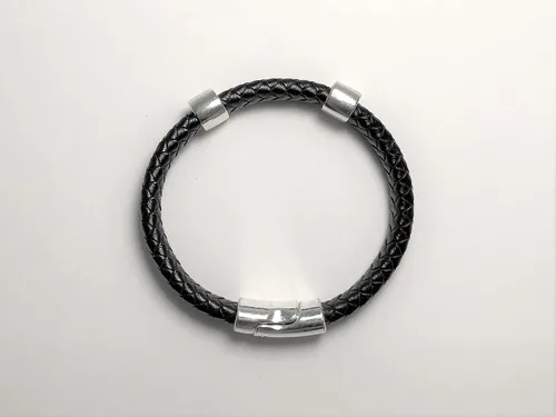 Miniatura 3 de Black Braided Leather and Silver Bracelet with Magnetic Clasp for Men and Women