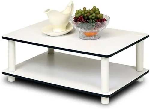Furinno 11172 Mesa de centro Just de 2 niveles sin herramientas, color blanco con tubo blanco