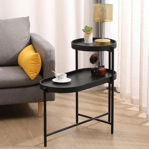Miniatura 7 de Mesa auxiliar redonda de 2 niveles con extremo de café irregular, mesa pequeña con marco de metal para sala de estar, dormitorio (negro)