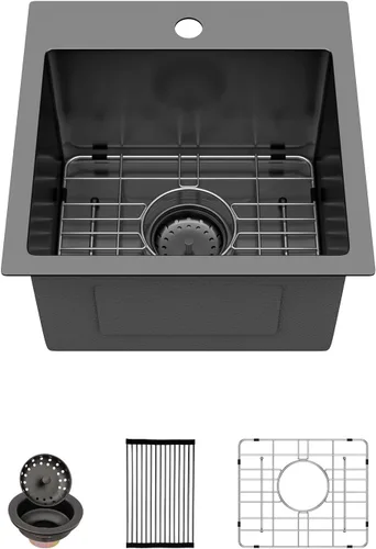 Sarlai - Fregadero de barra negro de 15 pulgadas, fregadero de barra de 15 x 15 pulgadas, fregadero de montaje superior cuadrado, acero inoxidable