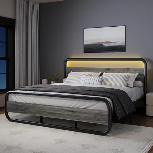 Miniatura 18 de Catrimown - Marco para cama individual con luces LED, marco de cama plataforma individual resistente de metal rústico con cabecera de madera