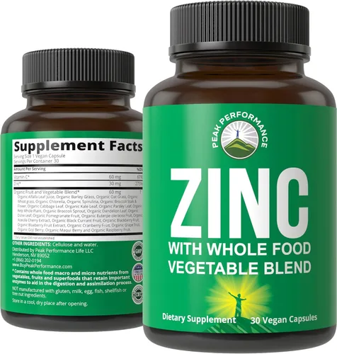 Suplemento vegano de zinc con vitamina C + mezcla de alimentos integrales de 25 verduras y frutas para una máxima absorción. Suplementos de zinc