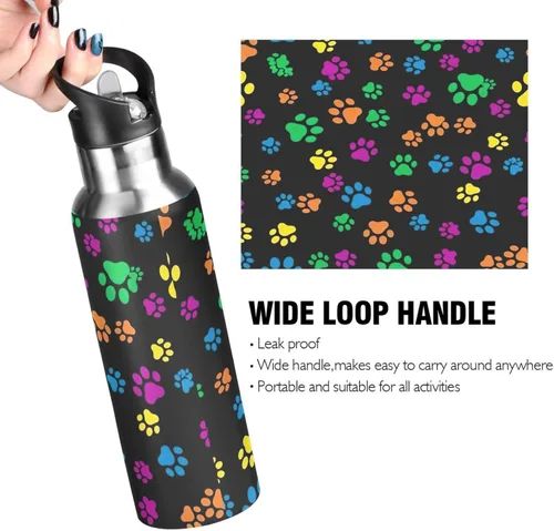 Miniatura 4 de Colorful Dog Paw Prints Stainless Steel Water Bottle 32 Oz, BPA-Free Sports Water Bottle with Straw Leakproof Water Bottles