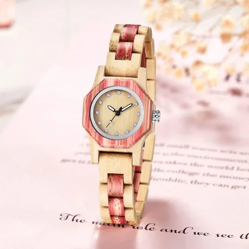 Miniatura 3 de Reloj de madera para mujer con correa de madera de cuarzo, analógico, colorido, relojes de madera de bambú para mujer, BS-WM01-MADERA