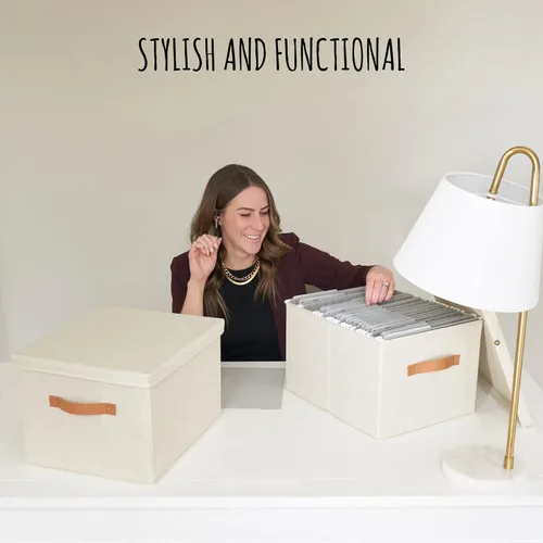 Miniatura 2 de Caja organizadora de archivos decorativa, juego de 2 – Archivadores plegables de lino con asas son perfectos para almacenar todos tus documentos