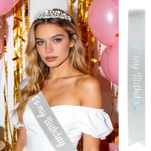 Miniatura 5 de YISSION Juego de tiara y banda de cumpleaños con diamantes de imitación plateados, banda con purpurina con corona de cristal para mujer