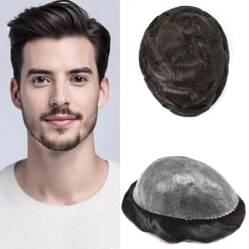 Miniatura 58 de Peluca completa de poliuretano para hombre, sistemas de reemplazo de cabello humano, piel fina y duradera, para hombre, prótesis de cabello