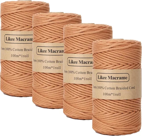 Miniatura 38 de Cordón de Algodón Trenzado 3mm x 109 yardas - Cuerda de Macramé Colorida para Manualidades, Ganchos, Colgantes de Pared - 100% Algodón Natural