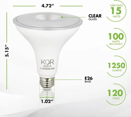 Miniatura 2 de KOR Bombillas de Luz de Inundación LED PAR38, Paquete de 2, Regulables Equivalente a 100W, 3000K Blanco Cálido, Interior y Exterior Bombilla de Foco