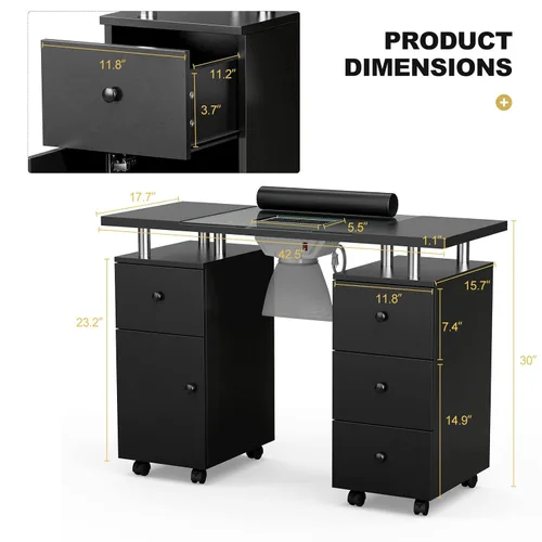Miniatura 2 de Paddie Mesa de manicura, estación de mesa de escritorio de maquillaje de uñas con parte superior de vidrio para tecnología con ventilación Negro
