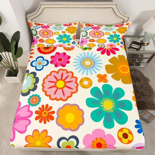 Juego de ropa de cama de flores Groovy de los años 70, sábana bajera ajustable de flores de arco iris para niños y niñas, sábanas de ropa de cama