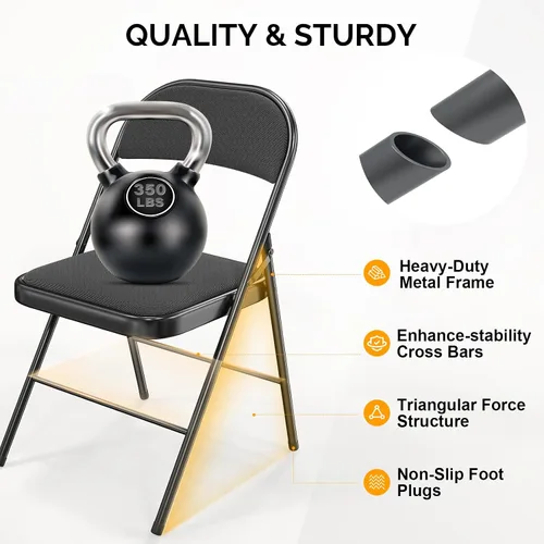 Miniatura 5 de Bonnlo Silla plegable, sillas plegables acolchadas de tela con cojín, respaldo y marco de acero para interiores y exteriores, comedor, oficina, Negro