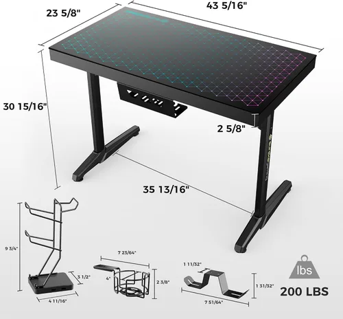 Miniatura 3 de EUREKA ERGONOMIC Escritorio LED RGB para juegos, sincronización de música, luces de escritorio de vidrio templado, 43 pulgadas, GTG I43, mesa