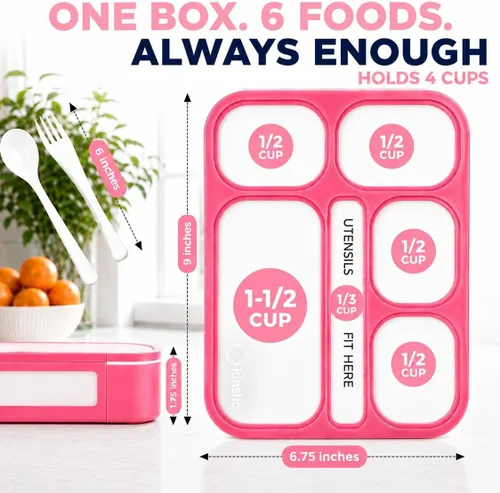 Miniatura 2 de Contenedor de lonchera Bento-Box para niños, niñas, mujeres, kit de 6 compartimentos para porciones escolares, cajas de comida o aperitivos para Rosa