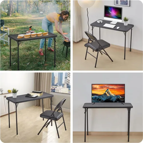 Miniatura 6 de KAIHAOWIN Mesa plegable de metal, pequeño escritorio plegable con parte superior de vinilo, patas de acero con recubrimiento en polvo, mesa portátil
