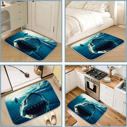 Miniatura 4 de Divertidas alfombras de baño de terciopelo coral con mandíbulas náuticas subacuáticas con diseño de tiburón y playa, antideslizantes, juego de Azul