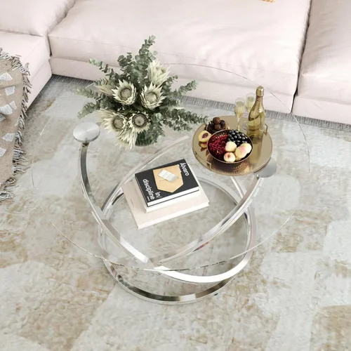 Miniatura 8 de Otterease Mesa de centro de vidrio de 31", mesa auxiliar moderna con marco de metal plateado con anillo, mesa de centro redonda de vidrio