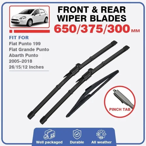 Miniatura 3 de Juego de limpiaparabrisas delantero y trasero compatible con Abarth Fiat Punto 199 Grande Punto 2005-2018, limpiaparabrisas de ventana 2010 2011