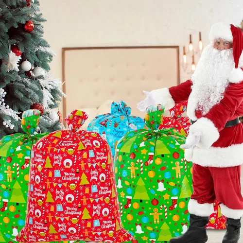 Miniatura 7 de OuMuaMua Paquete de 3 Bolsas Grandes de Regalo de Navidad - 49" x 35.5" Bolsas Jumbo de Plástico para Envolver Regalos de Navidad Reutilizables