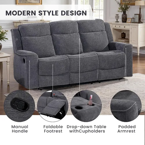 Miniatura 5 de Betsy Furniture Juego de sofá reclinable manual de microfibra suave, sofá con mesa desplegable, dos sillones reclinables, gris carbón 9111