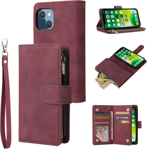 Miniatura 14 de UEEBAI Funda para iPhone 13 de 6.1 pulgadas, Cartera de piel sintética retro a prueba de golpes con función de soporte de ranuras para tarjetas